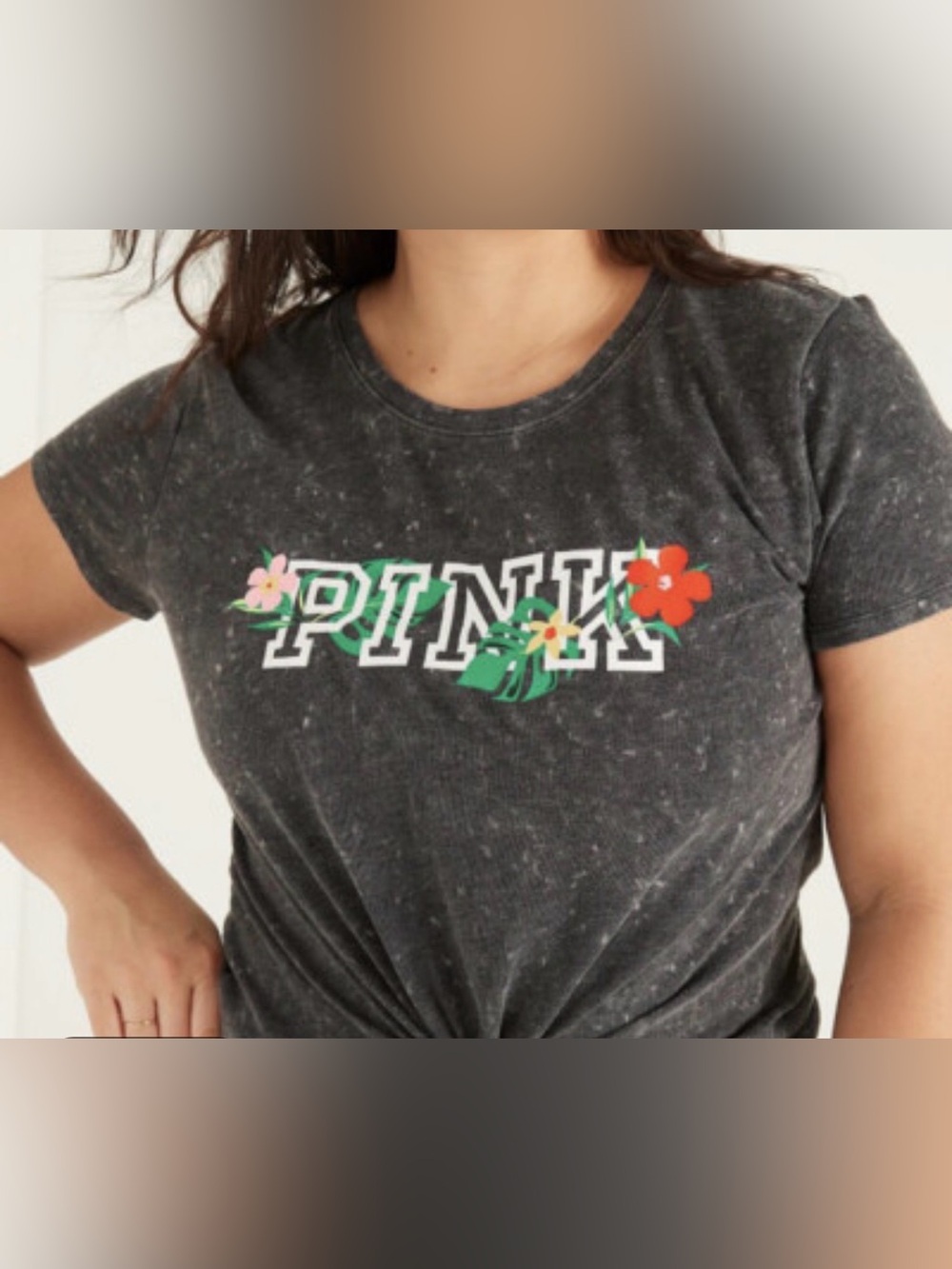 VICTORIA'S SECRET PINK TROPICAL-FLORAL CHARCOAL GRAY T-SHIRT Sz S Spellout Y2K